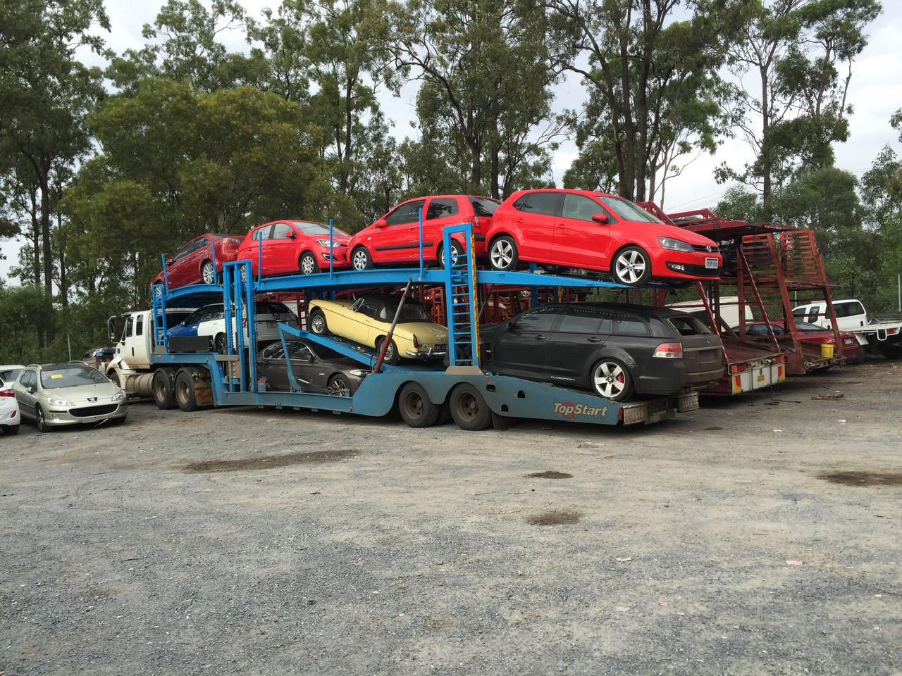 Auto Mover Multi-Level Car Carrier with Red Vehicles