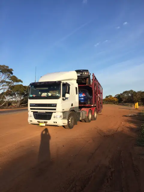 Auto Mover DAF truck transporting vehicle on red carrier