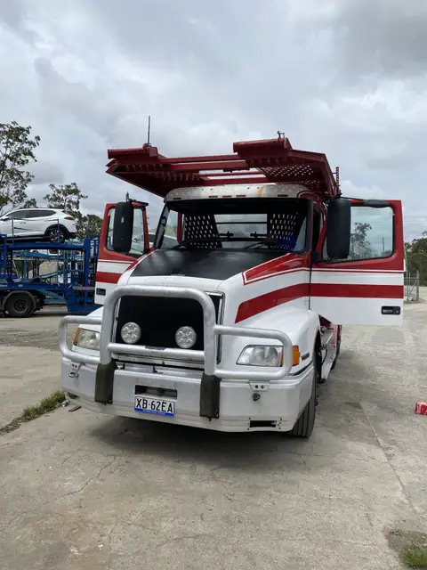 Auto Mover White and Red Truck with Open Cargo Bed